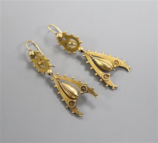 A stylish pair of Victorian yellow metal drop earrings with beaded borders, 52mm.